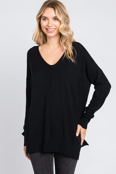 Zenana Outfitters Black Long Sleeve Side Slit Sweater