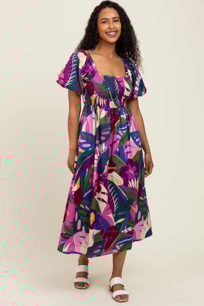 Sugarlips Purple Tropical Smocked Puff Sleeve Midi Dress