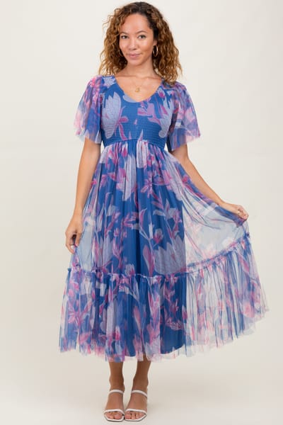 Dress Day Blue Leaf Print Mesh Smocked Midi Dress