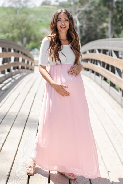 PinkBlush PinkBlush Petite Light Pink Chiffon Colorblock Maternity Maxi Dress