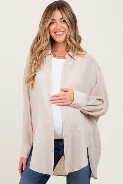 Miss Love Light Beige Lightweight Sheer Button Down Maternity Blouse
