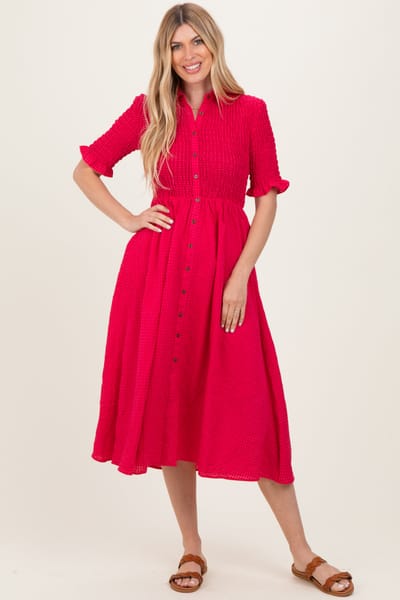Polagram Red Gingham Smocked Button Down Midi Dress
