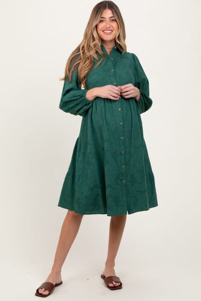 PinkBlush Forest Green Tiered Button Down Maternity Shirt Dress