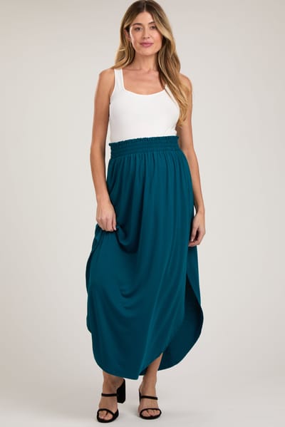 PinkBlush Teal Smocked Rounded Hem Maternity Maxi Skirt