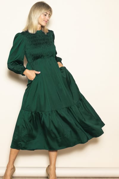 Elloh Forest Green Mock Neck Satin Smocked Chest Dress