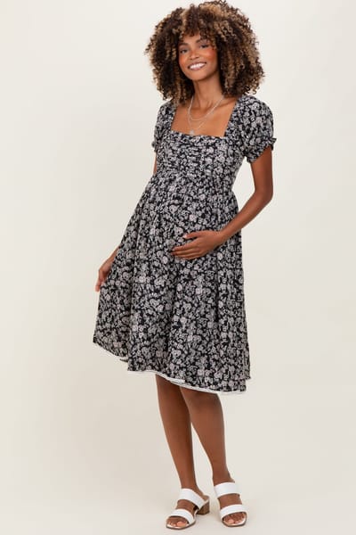 PinkBlush Black Floral Pleated Bodice Puff Sleeve Maternity Dress