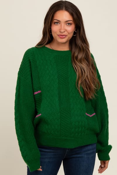 Listicle Green Striped Mixed Cable Knit Maternity Sweater