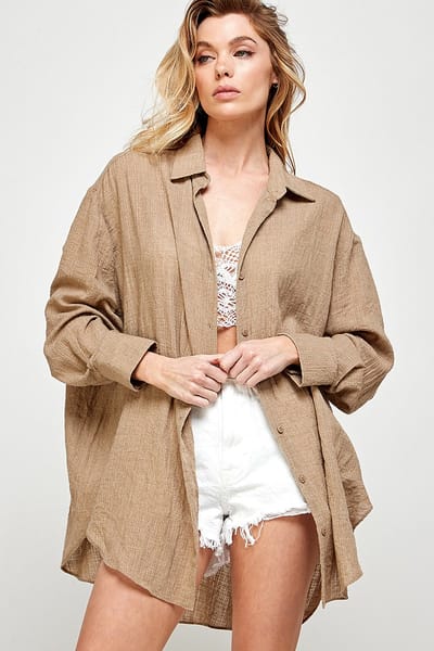 Miss Love Taupe Lightweight Sheer Button Down Blouse