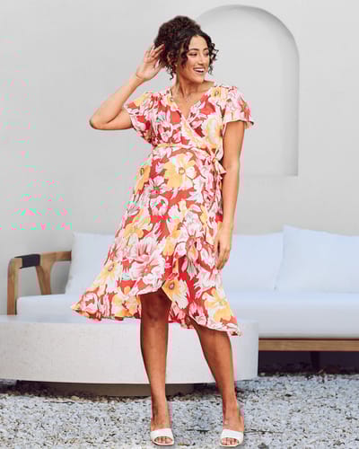 Angel Maternity Molly Maternity Wrap Midi Dress In Red Flora