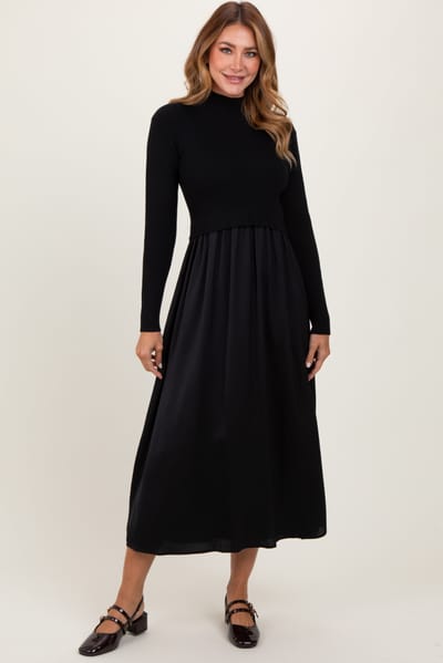 Tea N Rose Black Knit Contrast Top Satin Midi Dress