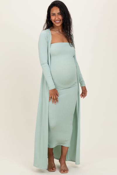 PinkBlush Sage Ribbed Sleeveless Dress Cardigan Maternity Set
