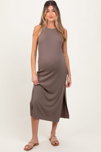 Umgee Mocha Sleeveless Side Slit Maternity Midi Dress