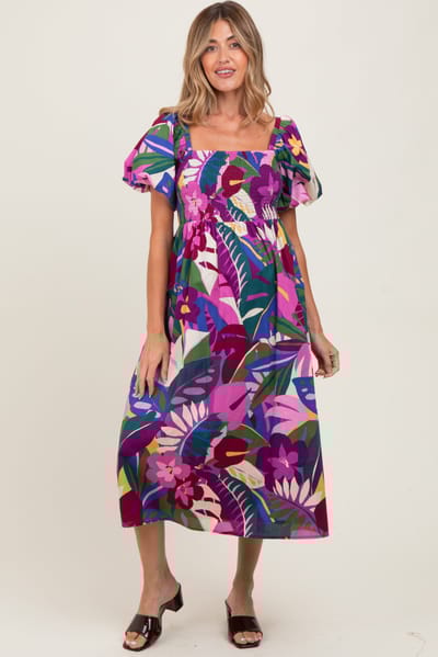 Sugarlips Purple Tropical Smocked Puff Sleeve Maternity Midi Dress