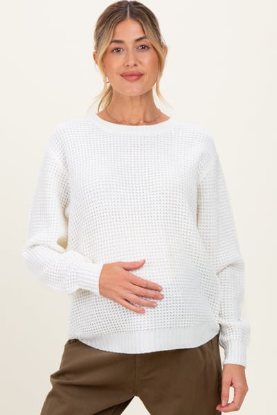 Zenana Outfitters Ivory Waffle Knit Rounded Hem Maternity Sweater