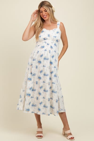 In Loom Blue Floral Lace Overlay Maternity Maxi Dress