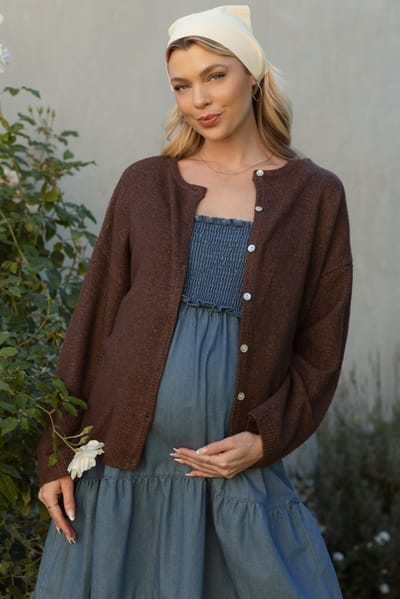 Le Lis Brown Classic Crew Neck Maternity Button Cardigan