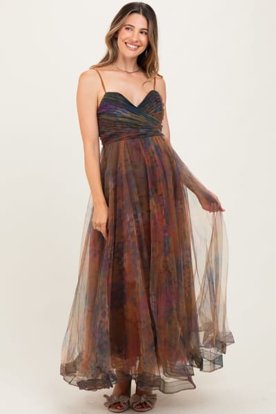 PinkBlush Multi Color Floral Mesh Tulle Overlay Maternity Maxi Dress