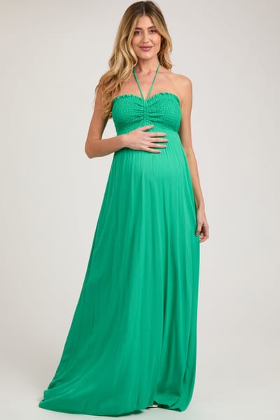Cameo Green Smocked Halter Maternity Maxi Dress