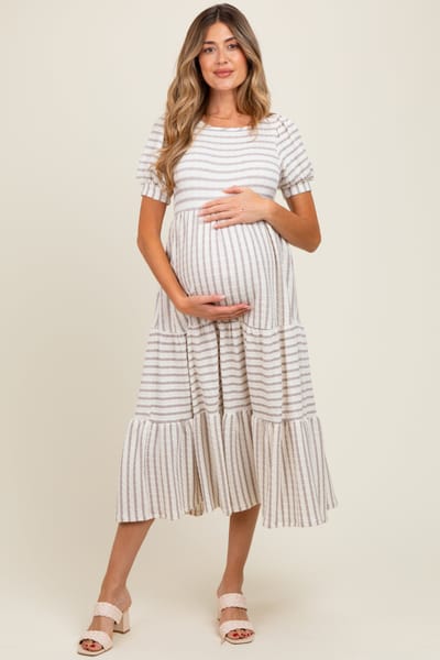 Rhea + Thea Cream/Taupe Striped Short Sleeve Tiered Maternity Maxi Dress