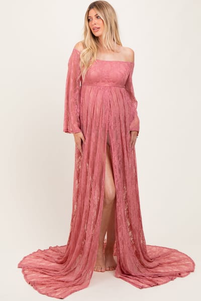 PinkBlush Mauve Lace Long Sleeve Off Shoulder Slit Draped Maternity Photoshoot Dress