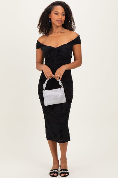 Privy Black Off Shoulder Ruched Mesh Midi Dress