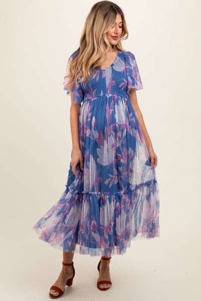 PinkBlush Blue Leaf Print Mesh Smocked Maternity Midi Dress