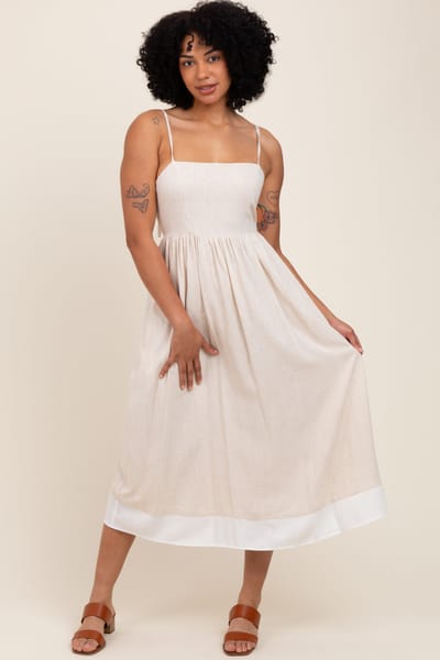 Sugarlips Beige Color Block Back Tie Midi Dress