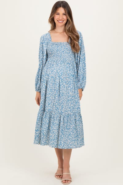 Elloh Dusty Blue Floral Square Neck Maternity Maxi Dress