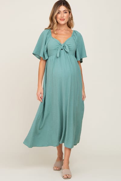 Lime N Chili Sage Textured Dot Front Tie Ruffle Sleeve Maternity Midi Dress