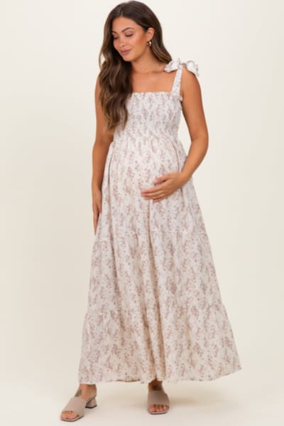 Elloh Ivory Floral Shoulder Tie Maternity Maxi Dress