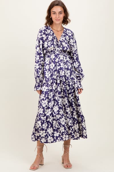 Haptics Navy Floral Tiered Ruched V-Neck Satin Maxi Dress