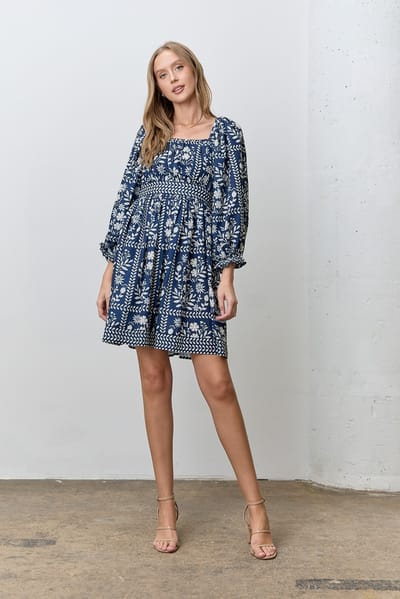 Polagram Light Navy Floral Square Neck Bubble Sleeve Dress
