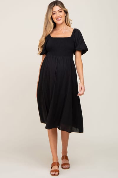 PinkBlush Black Smocked Puff Sleeve Maternity Midi Dress