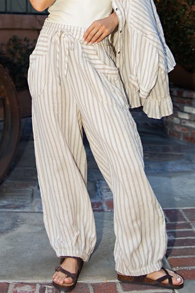 Rae Mode Taupe Striped Cotton Gauze Drawstring Pants