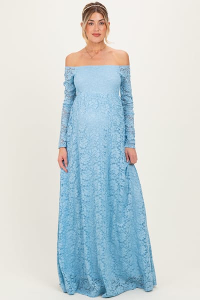 Rhea + Thea Light Blue Floral Lace Long Sleeve Off Shoulder Maternity Maxi Dress