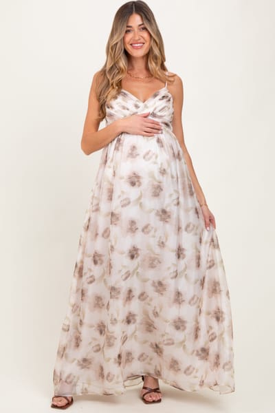 PinkBlush Taupe Multi Floral Print Sleeveless Maternity Maxi Dress
