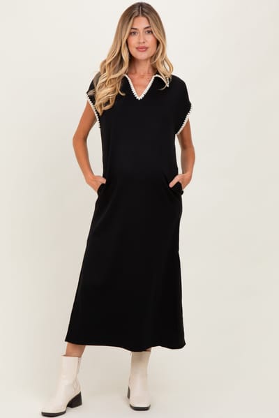 Entro Black Collared Stitch Detail Short Sleeve Maternity Midi Dress