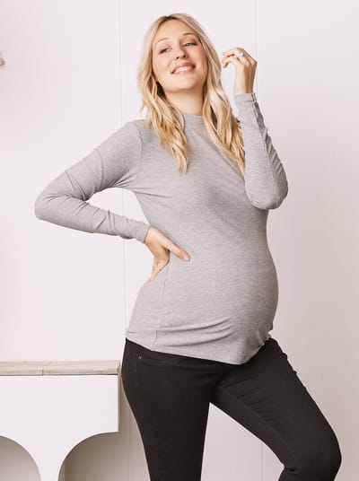 Angel Maternity Winter Ribbed Turtle Neck Maternity Top in Marle Grey