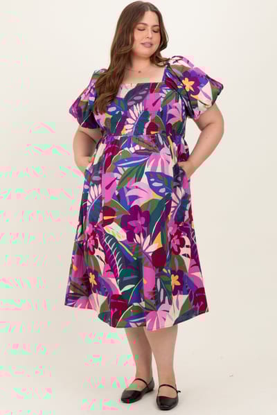 Sugarlips Purple Smocked Tropical Floral Maternity Plus Midi Dress