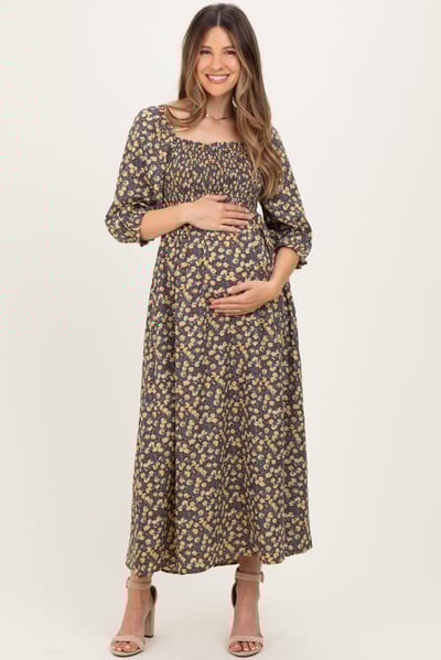 Elloh Chestnut Floral Print Smocked Bodice Maternity Maxi Dress