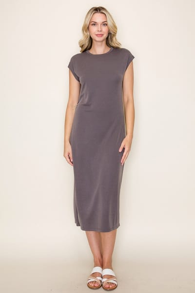 Staccato Charcoal Solid Short Sleeve Midi Dress