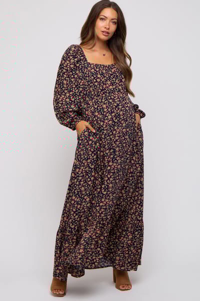 Elloh Navy Blue Floral Square Neck Ruffle Maternity Maxi Dress
