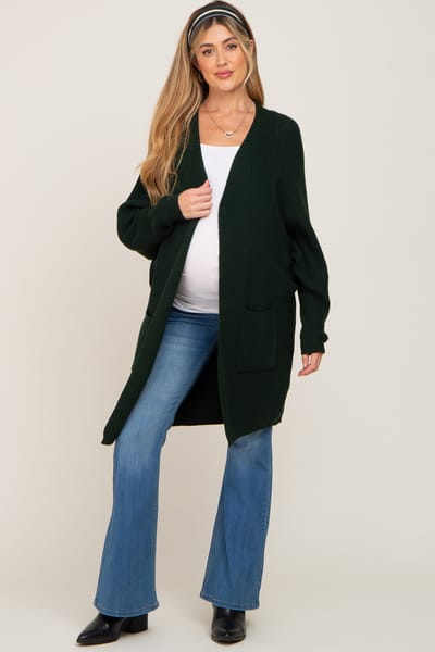 Bluivy Forest Green Pocketed Knit Maternity Cardigan