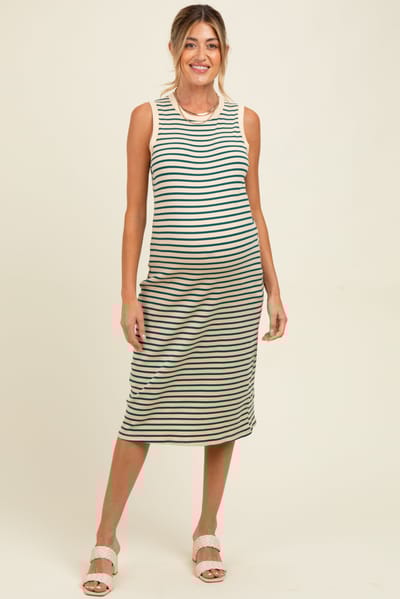 PinkBlush Deep Teal Striped Ribbed Knit Sleeveless Maternity Midi Dress