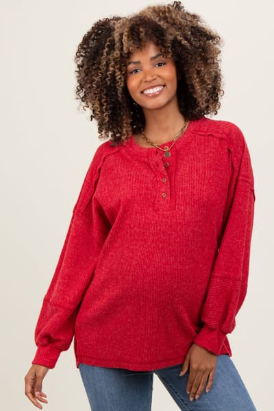 PinkBlush Red Oversized Ribbed Knit Henley Maternity Sweater