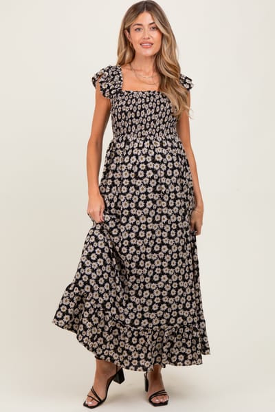 PinkBlush Black Floral Smocked Maternity Midi Dress