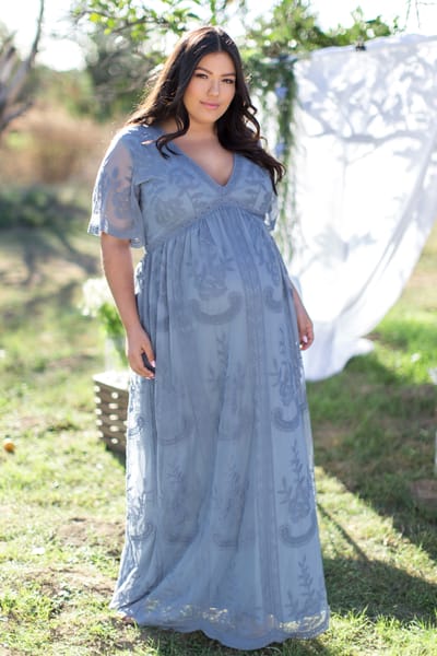 Rhea + Thea PinkBlush Blue Lace Mesh Overlay Plus Maternity Maxi Dress