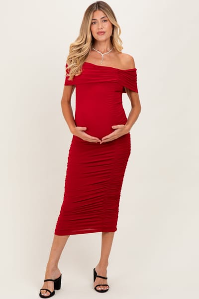 PinkBlush Red Off Shoulder Ruched Maternity Midi Dress