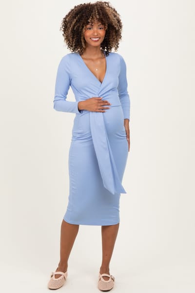 Rhea + Thea Blue Ribbed Long Sleeve Maternity Wrap Dress