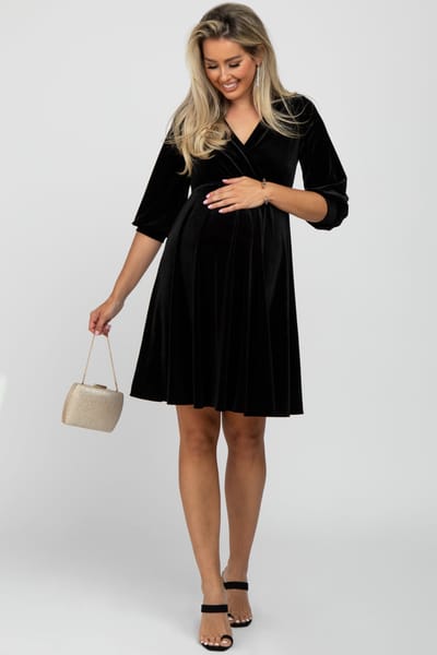 Hello Miz Black Velvet Wrap Front Babydoll Maternity Dress